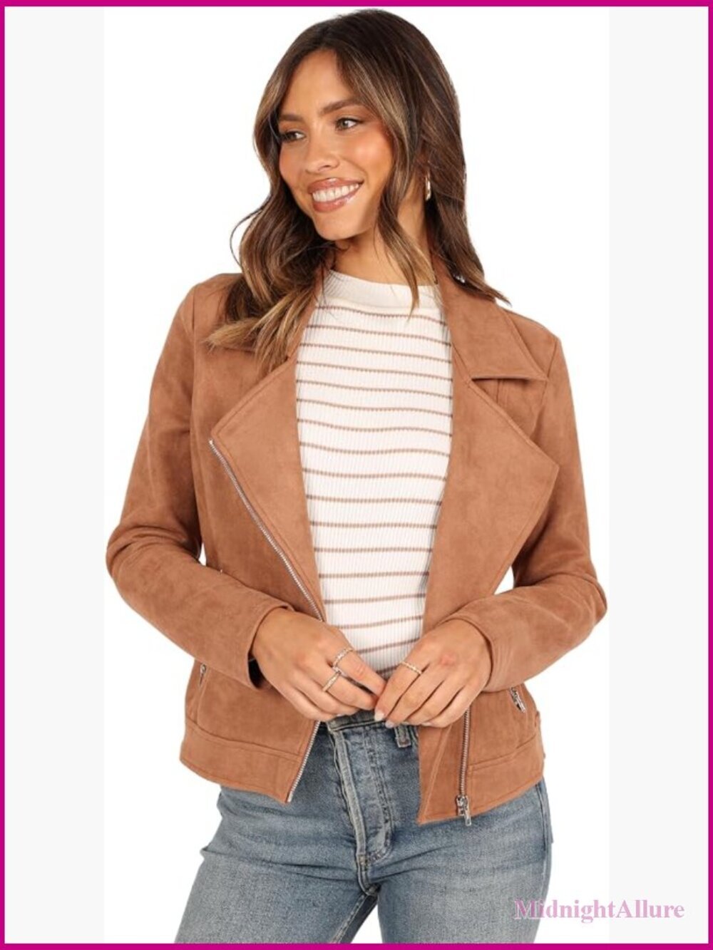 Faux Suede Moto Jacket with Functional Pockets Long Sleeves